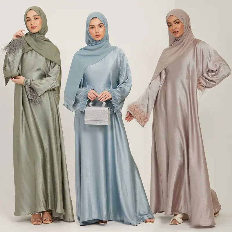 Ropa islámica modesta, poliéster Premium, abaya cerrada con plumas, venta al por mayor, vestido abaya de satén con hijab de gasa