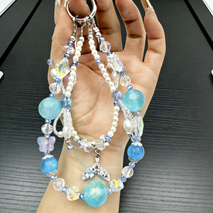 Chaîne de téléphone avec <span class=keywords><strong>pendentif</strong></span> queue de poisson serti de diamants, nœud tissé en perles bleues, porte-clés, cordon pour téléphone portable - Product Image 1