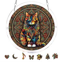 Kit de puzzle en acrylique personnalisé attrape-soleil Mandala Chat coloré Bohème, suspension de fenêtre en verre teinté, puzzle en forme de lame de scie