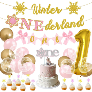 Decoración para Fiesta de Primer Cumpleaños de Niña, Tema Invierno, Guirnaldas, Copos de Nieve, Adornos para Pastel y Cupcakes, Globos - Product Image 1