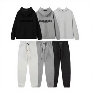 Unisex Winter Letter Oversized 100% Cotton <strong>Fleece</strong> 860g Breathable Embroidered Pocket Casual Pullover Hoodie Sweatpants Set - Product Image 2