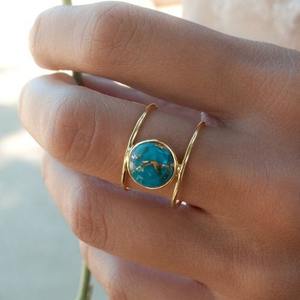 Simple Gold Double <b>Ring</b> With <b>Turquoise</b> Inlay Geometric Design For Gift Jewelry - Product Image 2