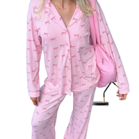 Nouvelle Collection 2025 – Ensemble Pyjama Long Tricoté Imprimé Floral Élégant et Décontracté à Taille Élastique pour Femme – Printemps, Été, Automne
