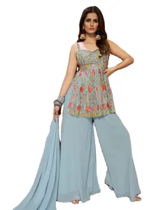 3ชิ้นอินเดียล่าสุดแฟชั่นอินเดียออกแบบเย็บปักถักร้อย Salwar Sharara Kameez อัตราขายส่ง Partywear ฟังก์ชั่นงานแต่งงาน