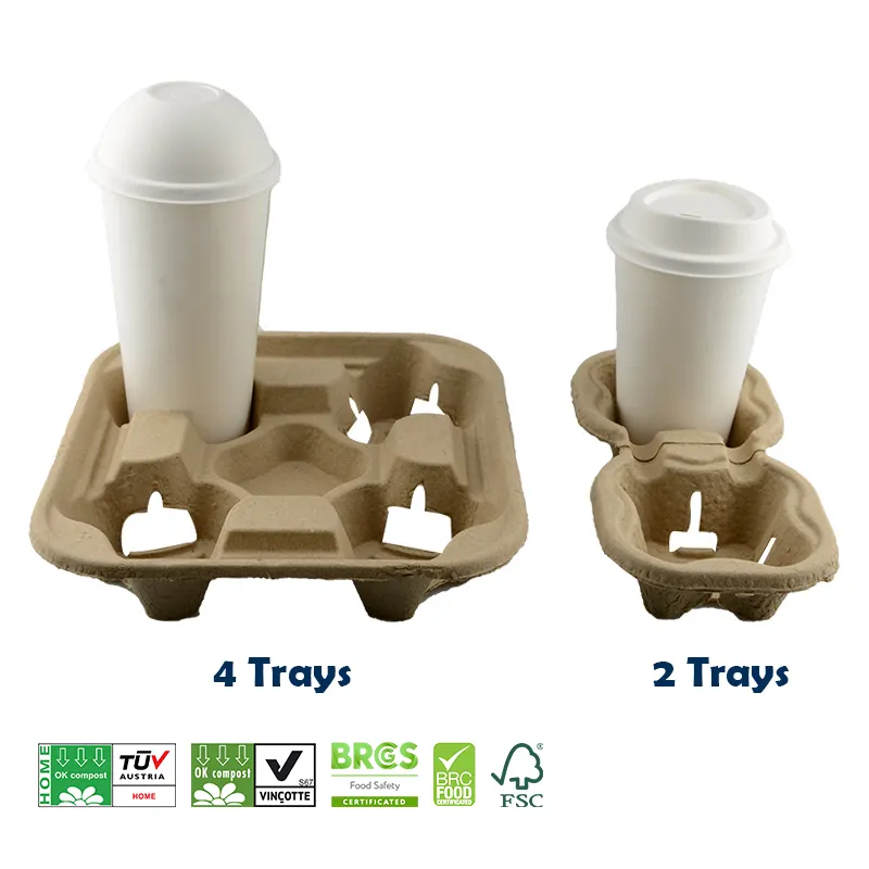 Takeaway 2 4 Cup Carrier Disposable Clip-On Utility Coffee Drink Cup Paper Pulp Fiber Holder Tray For 8-32 oz