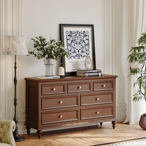 Commode en bois massif moderne à sept tiroirs, chêne blanc, pieds en forme de boule noirs, meubles de chambre à coucher en finition noire ou brune - Product Image 1