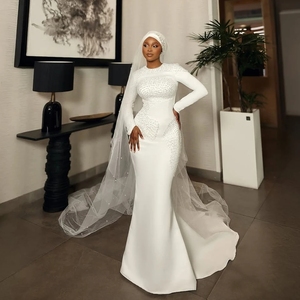 Robes <span class=keywords><strong>de</strong></span> mariée sirène Aso Ebi 2025, col rond perlé, Vestidos <span class=keywords><strong>De</strong></span> Novia, manches longues, <span class=keywords><strong>robe</strong></span> <span class=keywords><strong>de</strong></span> mariée <span class=keywords><strong>de</strong></span> luxe, femmes africaines, sur mesure - Product Image 1