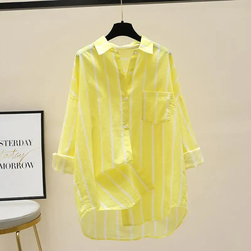 2023 verão nova moda coreana ovo amarelo listrado sol camisa feminina cardigan fino camisa casual solta