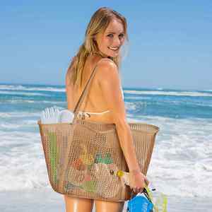 BESTELLA Polyester Mesh Tote <b>Bag</b> With Zipper Front Pocket Accept Custom logo Large Capacity Handbag Casual Beach <b>Bags</b> for Women - Product Image 1