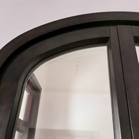 Puerta delantera arqueada minimalista de madera y aluminio vintage con ventanas blancas delgadas para uso en baños exteriores y exteriores