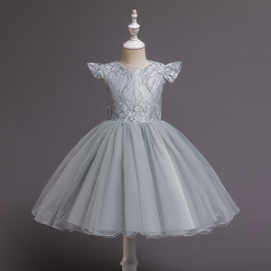 Vestido de Princesa para Niña, Azul, con Encaje y Tul, Cuello Redondo, Mangas con Volantes, Vestido de Dama de Honor - Product Image 2