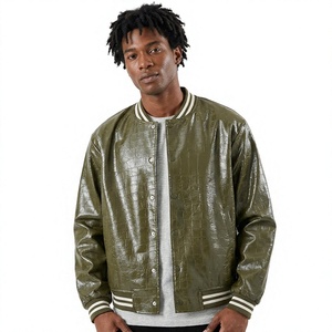 Giacca Bomber da Uomo in PU Verde Oliva con Texture Goffrata, Colletto Rovesciato, Stile Casual, Giacca in Ecopelle alla Moda - Product Image 1