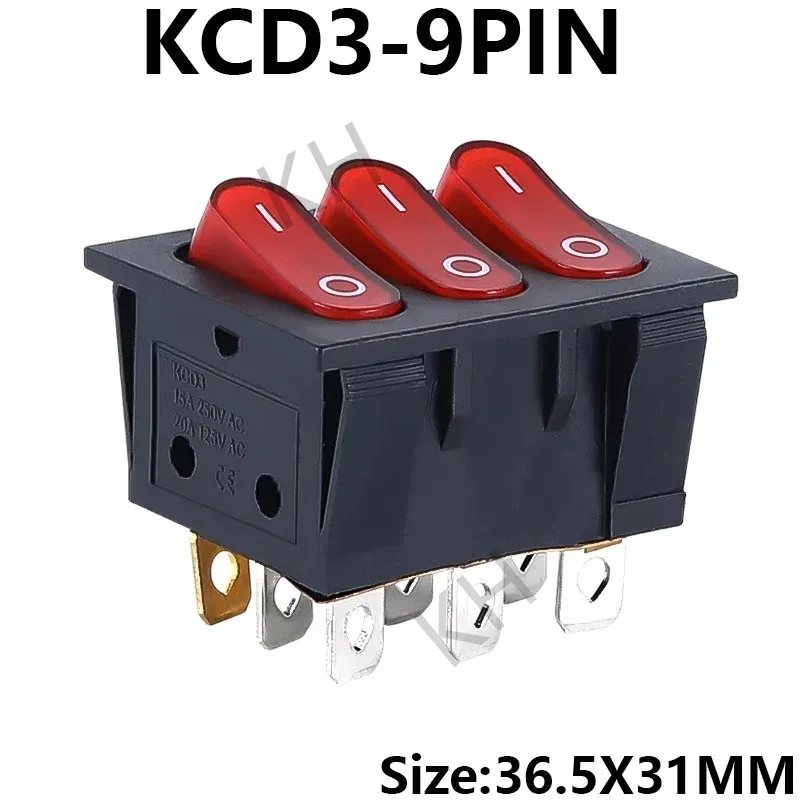 40.3X33.3mm Rocker Switch KCD3 Red Ligh 3 Way Black Switch 9 Pin 2 Position ON-OFF/ON-ON 16A/30A 250VAC Triple Power Switch