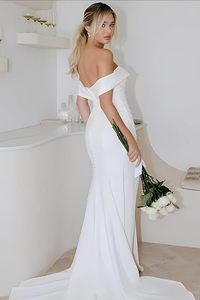 Elegant Modern A-Line Floor-Length Lace-Up <strong>Wedding</strong> <strong>Dresses</strong> with Pleat Off-Shoulder Simple Design for <strong>Maternity</strong> Bride Wholesale - Product Image 4