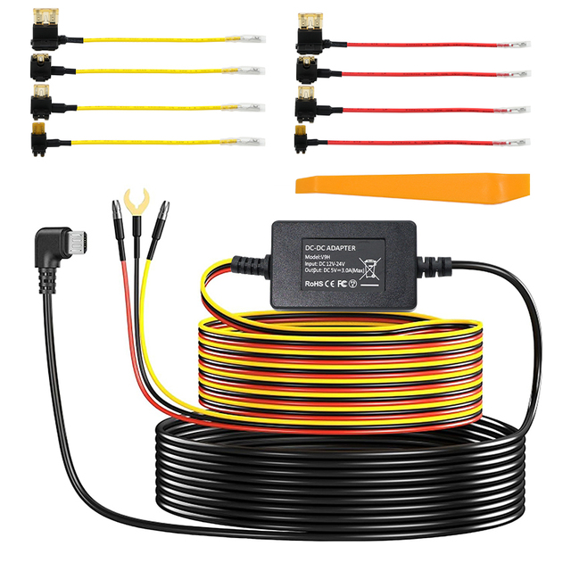 Complete DC-DC Hardwire Kit, Micro USB, 12V-24V to 5V 3A, Vehicle Power Supply Kit, with Fuse Taps and Pry Tool