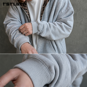 Sweat à capuche réversible imprimé léopard gris, coupe et couture, épais, double face, zippé, style streetwear, vente en gros - Product Image 3