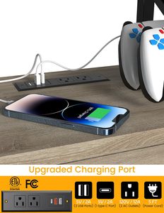 Table de chevet en bois gris avec station de charge 3 USB et 2 prises Table pour le rangement dans le salon Chambre à coucher pour l'organisation des outils - Product Image 4