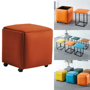 Multifunctional Footstool Square 5-in-1 Cube Sofa Pouffe Stool Upholstered Dressing Table Stool Change Shoe Vanity Ottoman Bench