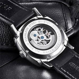 Reloj mecánico Benyar para hombre, esfera esqueleto, caja luminosa de acero inoxidable, correa de cuero negra, resistente al agua hasta 30M - Product Image 3