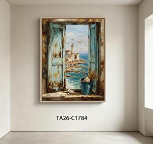 Tableau mural vue sur fenêtre de la côte, impression sur toile de ville balnéaire méditerranéenne vintage, volets bleus rustiques - Product Image 3