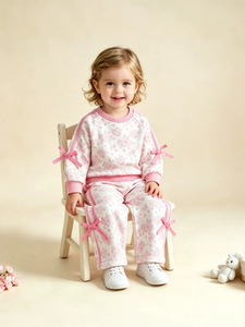 Conjunto de 2 piezas para <span class=keywords><strong>niña</strong></span> pequeña (6M-4T) al por mayor: Sudadera con estampado floral rosa y morado, lazo lateral y pantalón de pierna ancha - Product Image 5