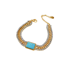 Trendy Sustainable Fashion Chain <b>Bracelet</b> Gold Plated 316L Stainless Steel Turquoise Stone <b>Crystal</b> Accent Jewelry Women's Gift - Product Image 2