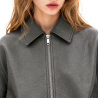 Blouson Bomber MA-1 en Similicuir pour Femme Boying, Gris Anthracite Délavé, Fermeture Éclair, Coupe Slim, Style Décontracté Streetwear, Vente en Gros OEM ODM