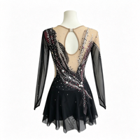 Robe de patinage artistique noire, dos en V profond, manches longues en maille, strass, costume de performance pour enfants et adultes, compétition