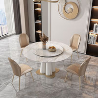 Mesa de Comedor Moderna Giratoria con Base de Piedra Blanca en Forma de Pétalo y Detalles Dorados, para 4-6 Personas, Ecológica, Resistente, Ideal para Escuelas y Restaurantes