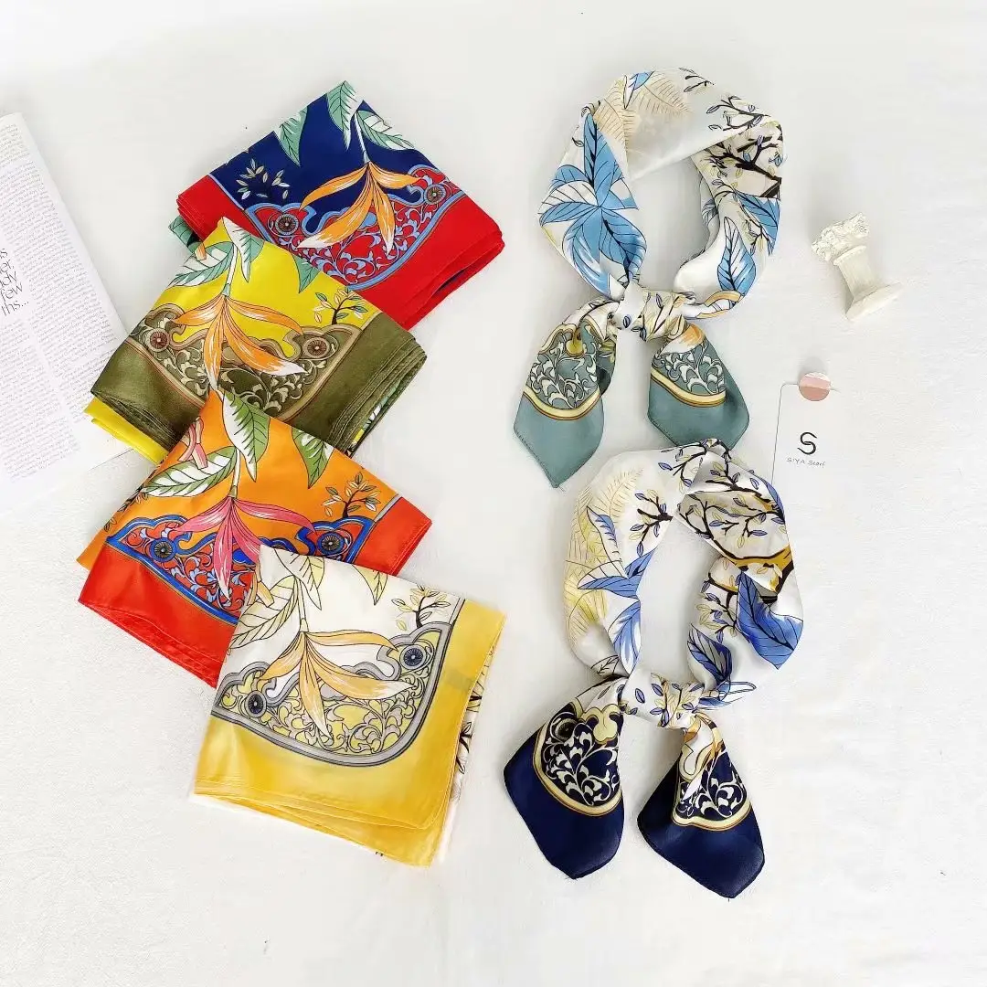 High Quality Silk Like Fashion Pattern Breathable Lightweight Large Square Satin Headscarf Headdress and Neckscarf for Women