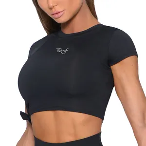 Private Logo Printing Custom Organic Bamboo Polyester Cross Waist Mock Neck Yoga Crop Top