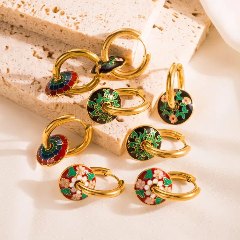 Waterproof Real Gold Plated Colorful Oil Drop Earrings Titanium Stainless Steel Enamel Flower Pattern Earring for Women