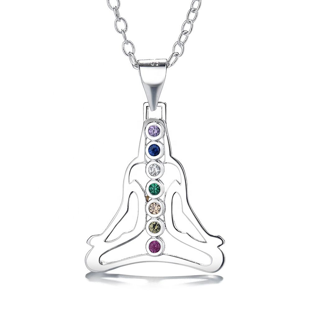 Solid 925 Sterling Silver And Chakra Stones Yoga Pendant Necklace With Multi Colour 