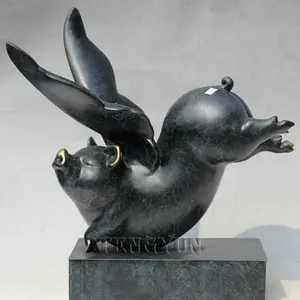 庭豚像アンティーク金属キャスト豚像ブロンズフライング豚彫刻ホームデコレーション用 - Product Image 1