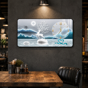 Horloge murale silencieuse de luxe, motif paysage de cerf, montagne et <span class=keywords><strong>eau</strong></span>, bleu et blanc, avec détails dorés, pour salon - Product Image 3