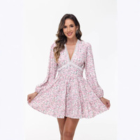 Nouvelle Robe Courte Printemps 2026 pour Femmes Européennes et Américaines, Motif Floral Doux, Col en V, Dentelle, Coupe Trapèze, Taille Haute