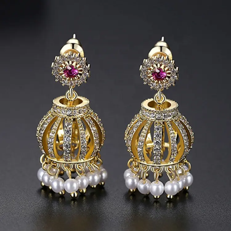 Fashion Jewelry Women Earring Indian Style 18K Gold CZ Jhumka Earrings Design For Women And Girls Traditional Jewellery