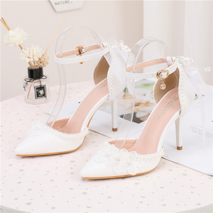 S4638F - Nuevos Zapatos de Novia para Mujer, Color Blanco Puro, con Hebilla y Lazo, Punta Puntiaguda, Tacón de Aguja, para Banquete - Product Image 3