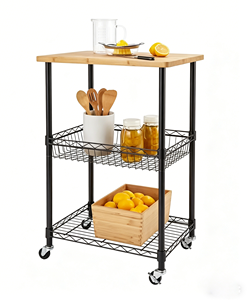 Étagère de rangement à 3 niveaux en fil métallique avec plateau en bois, chariot utilitaire roulant pour cuisine, salle de bain, bureau, garage, buanderie - Product Image 1