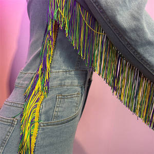 Tuta Intera in Denim Blu con Frange alla Moda per Donne, Jumpsuit Stile <span class=keywords><strong>Cowboy</strong></span> a Maniche Lunghe per Mardi Gras - Product Image 5