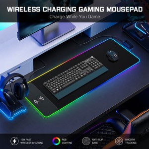 Tapis de souris de jeu à charge sans fil rapide 15W, bande lumineuse LED RGB, grand tapis de bureau étendu pour PC Gamer, graphiques personnalisés - Product Image 1