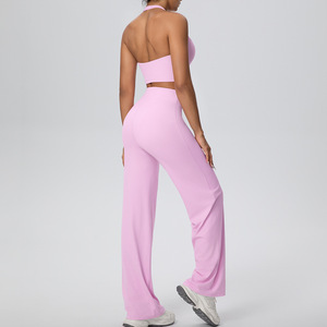Wholesale Halter Neck Yoga Set Women Backless Sports Bra Straight Leg Pants Seamless Stretchy Nylon Elastane Gym Fitness Outfit - Product Image 5