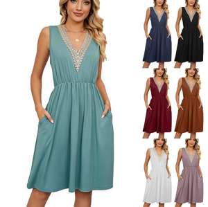 <span class=keywords><strong>2023</strong></span> stile europeo-americano <span class=keywords><strong>primavera</strong></span> ed estate tinta unita scollo a v pizzo tinta unita tasca senza maniche vestito da donna sexy - Product Image 1