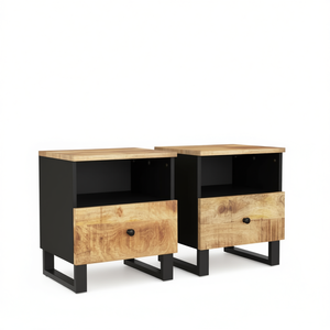 Set di 2 comodini neri in legno di mango naturale con cassetto portaoggetti per camera da letto, design moderno - Product Image 1