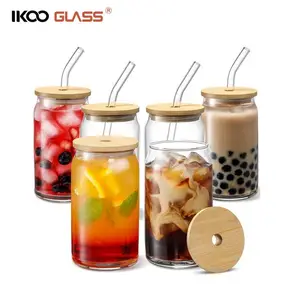 IKOO-lata de cerveza para beber, con tapa de bambú y pajitas de vidrio