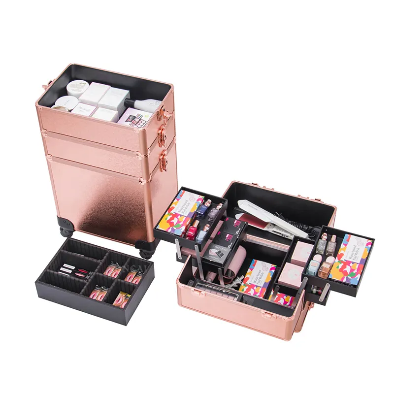Professional 4 in1 Large Aluminum travel beauty box Cosmetic organizer case make up train rolling makeup trolley nail salon case