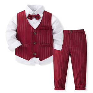 Conjunto de traje verde para <span class=keywords><strong>niño</strong></span> de tres colores, conjuntos de ropa para <span class=keywords><strong>niño</strong></span> pequeño, camisa de vestir Formal, chaleco a rayas, pantalones, trajes de Navidad para caballero de bebé - Product Image 2