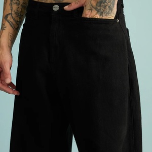 Jean pour homme en denim noir délavé, à ourlet effiloché, double épaisseur aux genoux, style hip-hop, coupe large, imprimé feuille métallisée, personnalisable ODM - Product Image 6