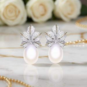 Boucles d'oreilles de luxe bicolores en or blanc avec perles et feuilles de diamants taille brillant rond, plaqué or 18 carats, bijoux de mariage pour femme - Product Image 2
