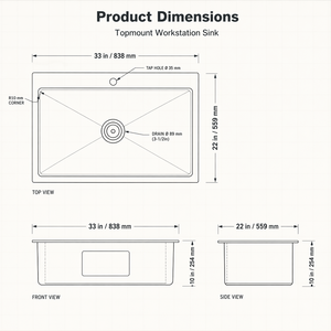 Fregadero de Cocina de Acero Inoxidable SUS304 Hecho a Mano de 33x22x9 Pulgadas, Diseño Moderno de un Solo Orificio con Superficie Cepillada, Sin Desagüe - Product Image 2